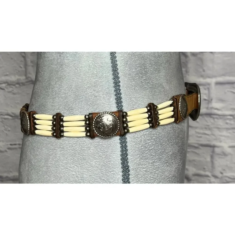 Vintage Tony Lama Western Hair Pipe Bone Bead and Concho Leather Belt